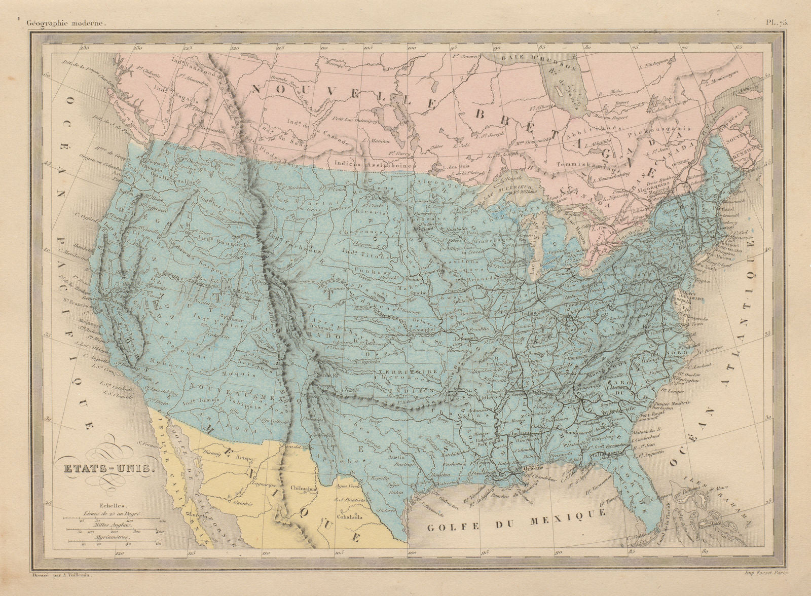 Etats-Unis. United States. USA. MALTE-BRUN c1871 old antique map plan chart